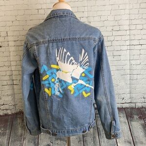 Denim Jacket Hand Painted Bird Holding Keys Sz M Art To Wear Grunge Artisan